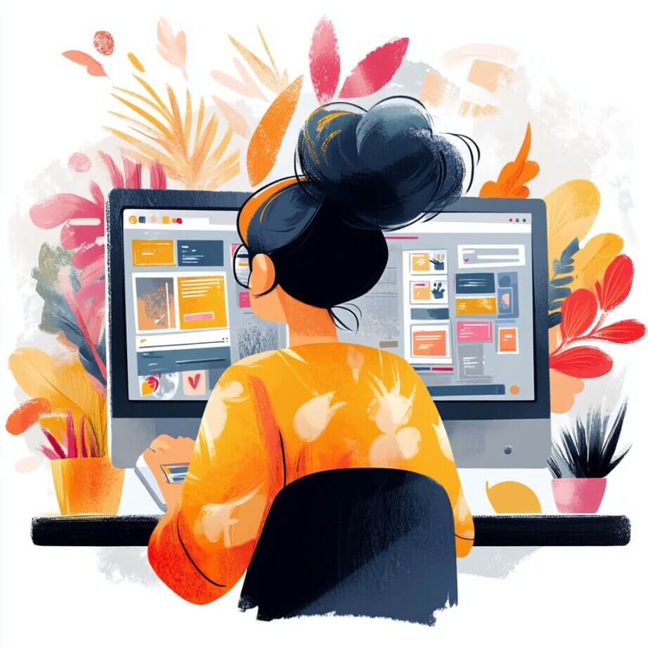 Illustration of a woman creating a website design