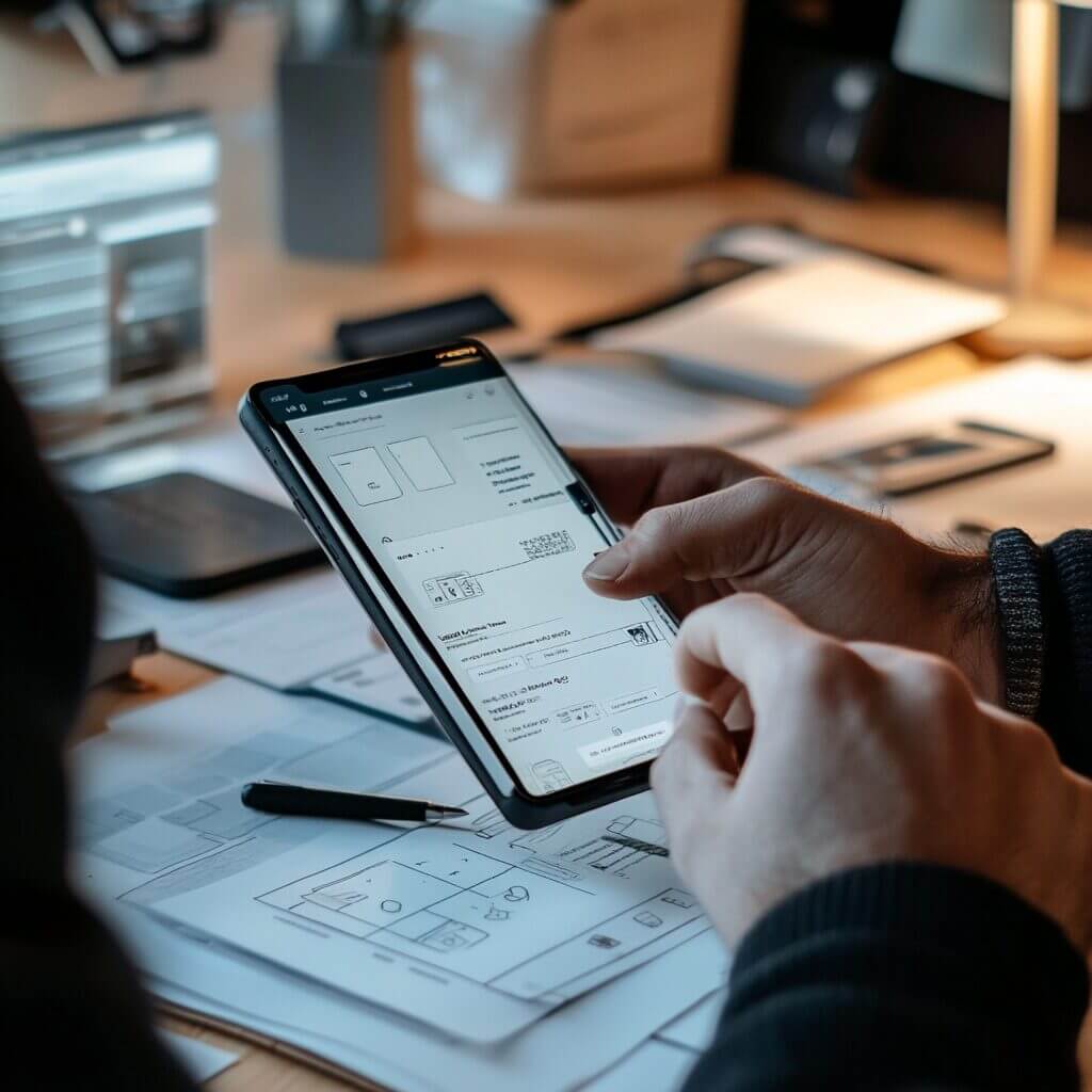 Man holding mobile phone showing a mobile website design